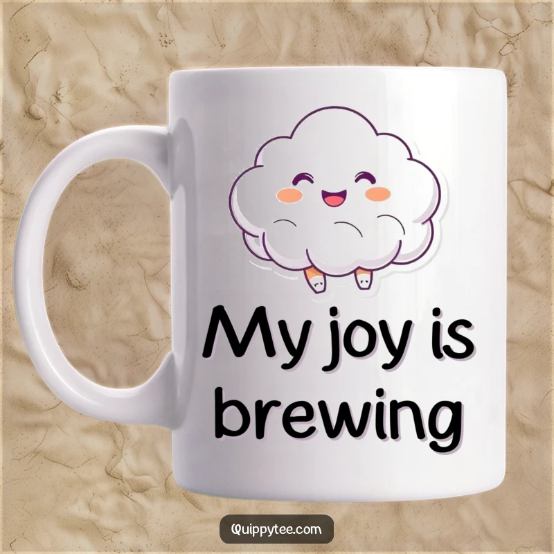 Funny mug featuring a smiling cloud character gleefully bouncing with pure joy and radiating happiness.