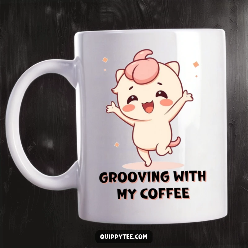 Funny mug featuring a cute kawaii character dancing energetically with a playful, amused expression, perfect for party lovers.