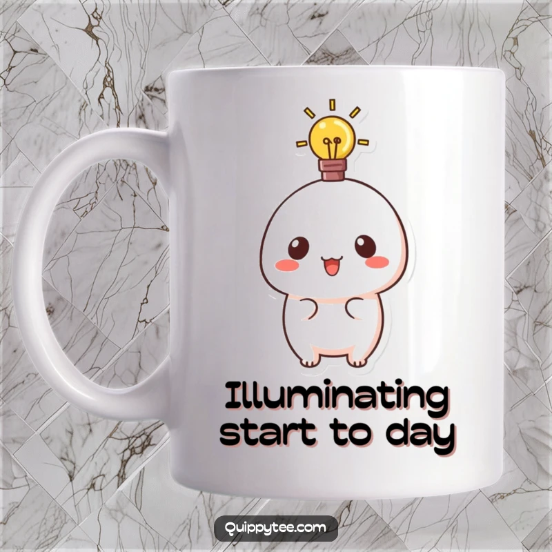 Funny mug featuring a cute kawaii character with a bright lightbulb above its head, symbolizing a brilliant idea.
