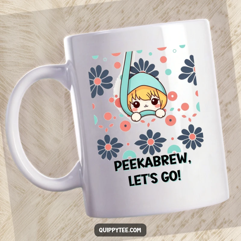 Funny mug featuring a cute kawaii character playfully peeking from behind colorful patterned fabric, expressing surprise and joy.
