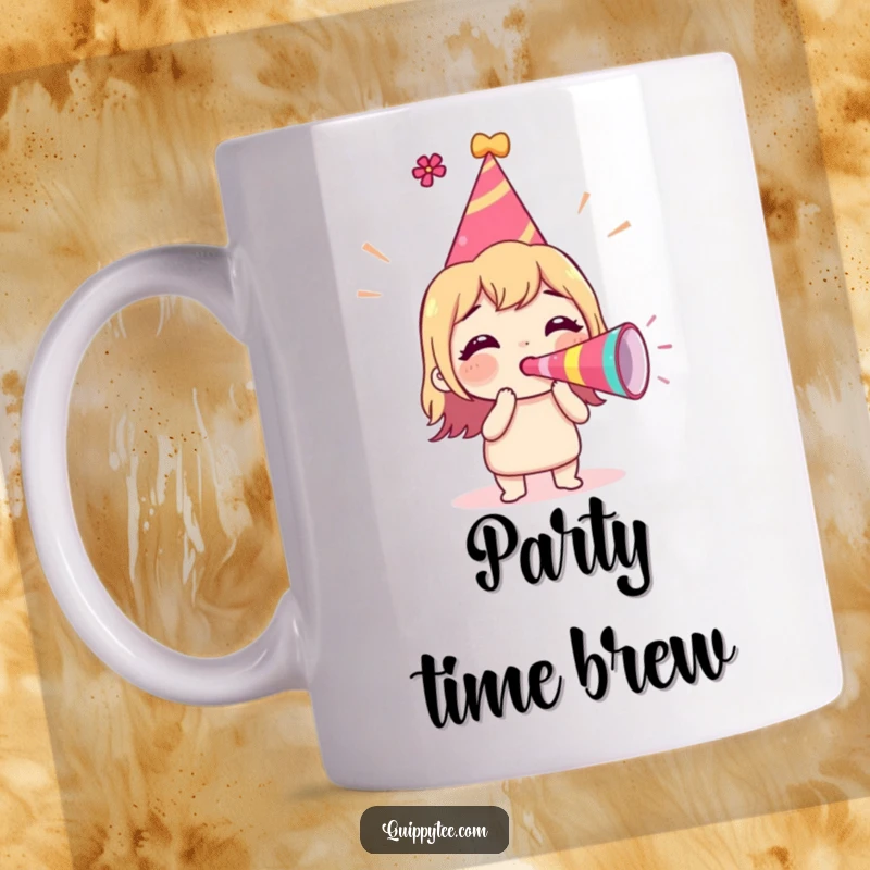 Funny Mug with a character wearing a party hat, energetically blowing a party horn with an excited expression.