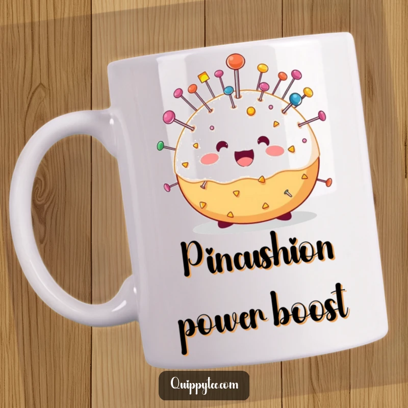 Funny mug showing a happy pin cushion character covered in colorful pins, symbolizing creativity and a love for sewing supplies.