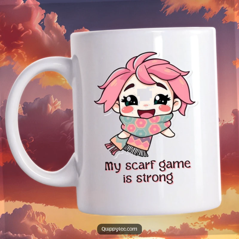 Funny Mug: A happy character with a wide grin proudly displays a vibrantly patterned, flamboyant scarf, radiating pure joy and style.