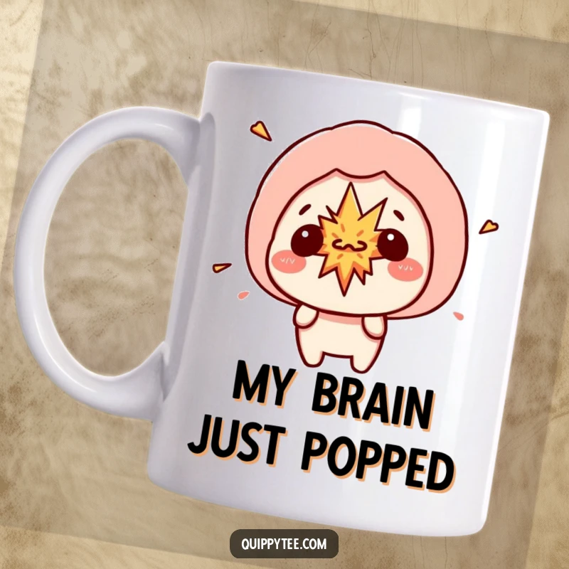 Funny kawaii character with a speech bubble showing a small, cartoonish explosion, hinting at surprise or sudden silliness.
