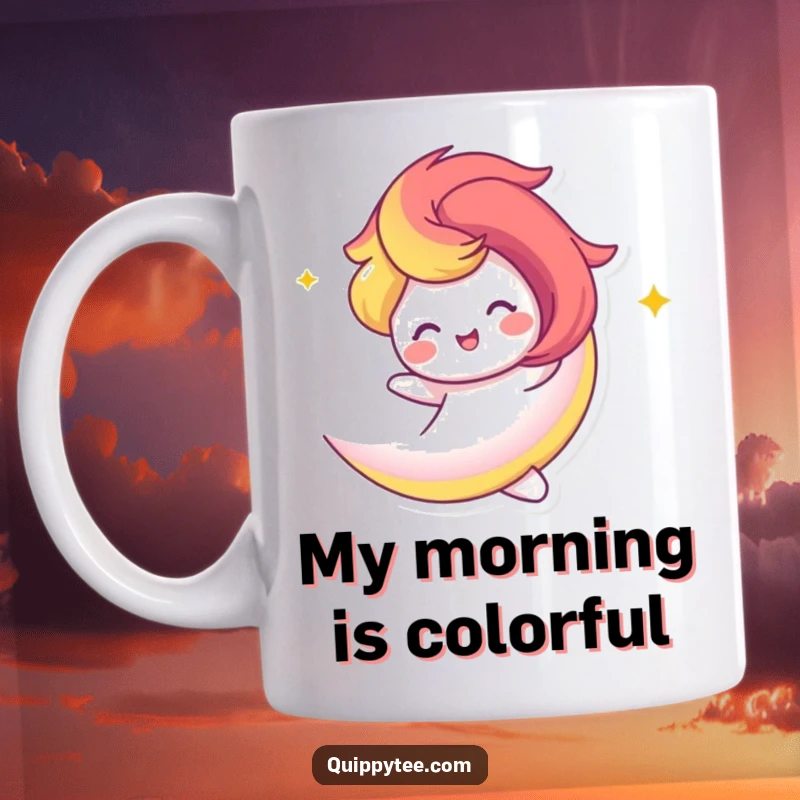 Funny Mug: A rainbow swirl character joyfully twirling, radiating vibrant energy and happiness.