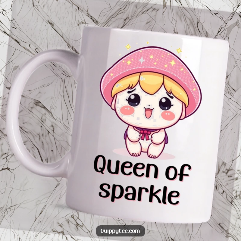 Funny mug with a kawaii character sporting a comically oversized, dazzlingly sparkly hat, radiating cheerful extravagance.