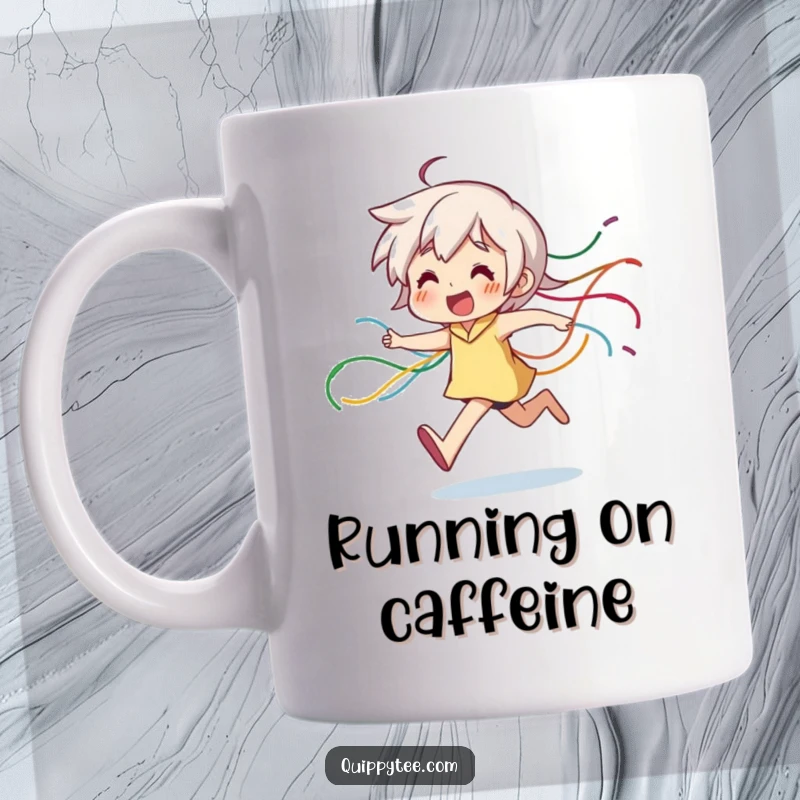 Funny Mug: A character joyfully runs, leaving a vibrant trail of colorful, dangling threads in their energetic wake.