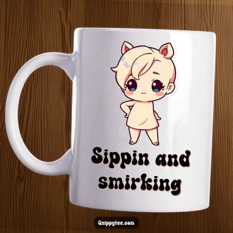 Funny mug featuring a cute Kawaii character with one hand on hip, striking a sassy and confident pose with a charming smirk.
