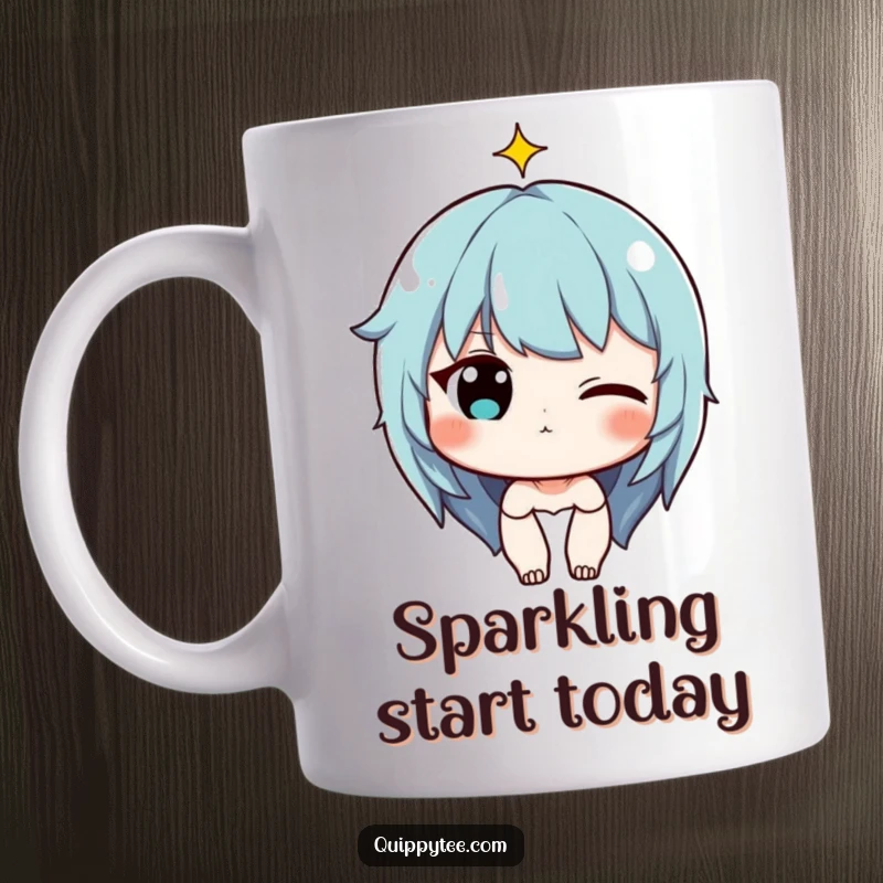 Funny Mug: Character winking with a tiny sparkle above their head, conveying a sense of playful charm and wit.