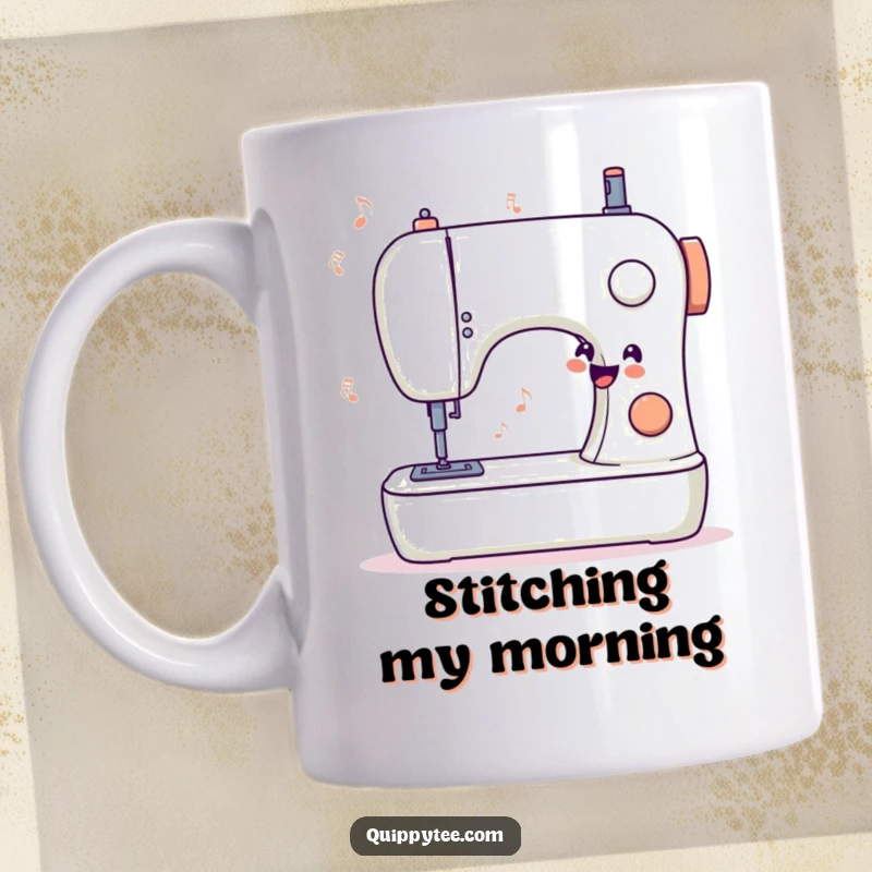 Funny mug showcasing a stylized sewing machine that appears to be humming a happy tune, perfect for creative individuals.