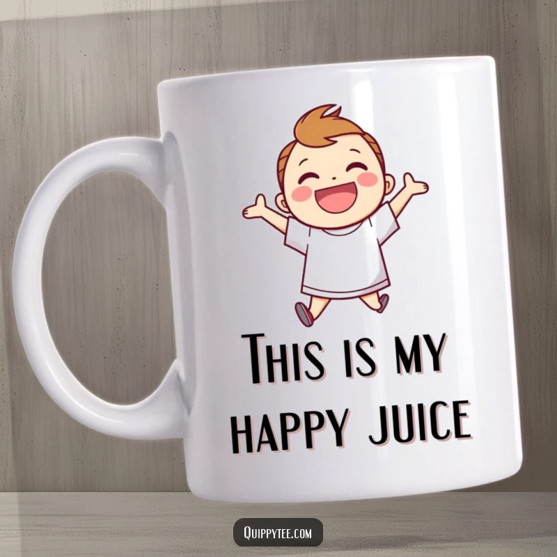 Funny Mug: Smiling character in a speech bubble shirt, jumping for joy, radiating happiness and positive vibes.