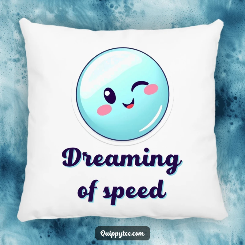 Funny winking button character zipping energetically across a seam, offering comfort and playful humor on this pillow.
