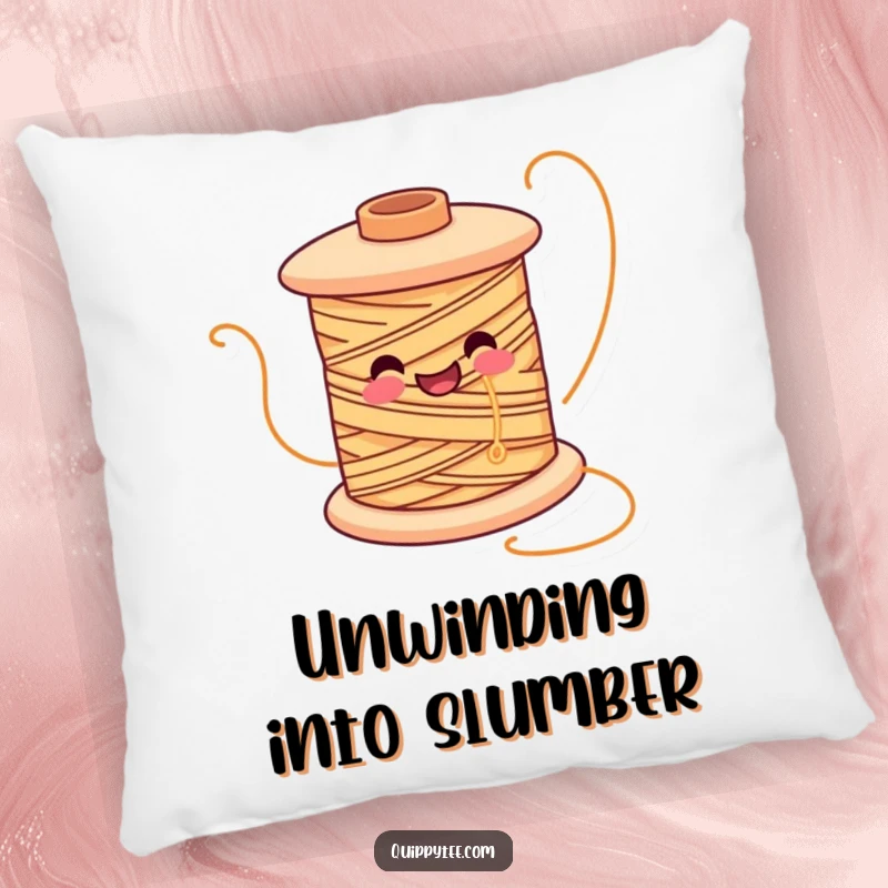 Funny pillow featuring a smiling spool of thread character unwinding happily, perfect for cozy crafting nooks.