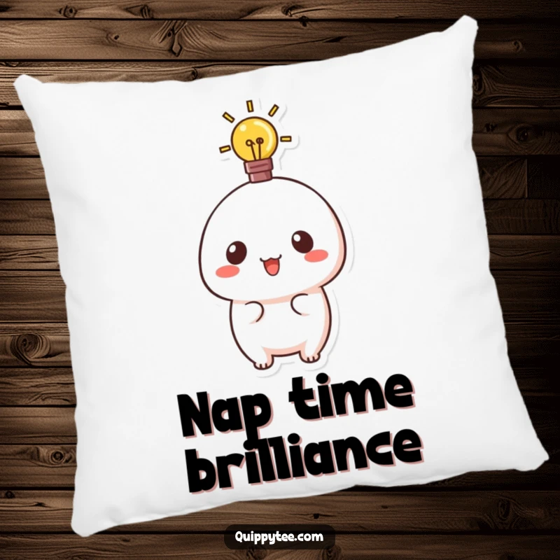 Funny pillow featuring a cute kawaii character with a bright lightbulb, perfect for dreaming up brilliant ideas.