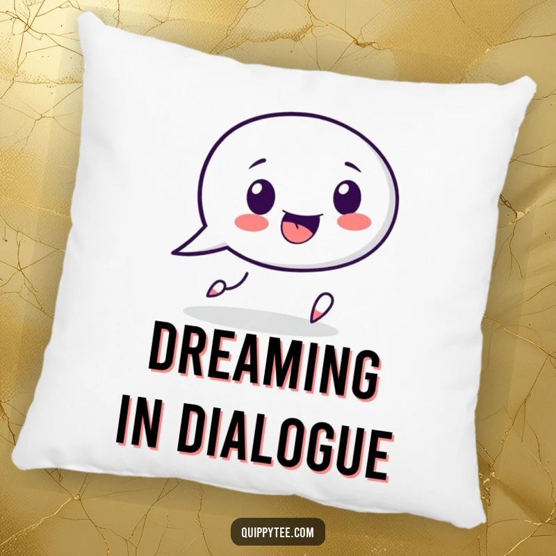 Funny speech bubble character pillow, playfully chasing a punctuation mark, bringing comfort and conversational humor.
