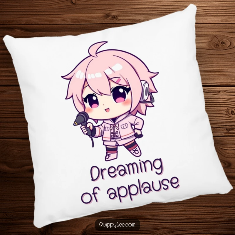 Funny pillow with a kawaii character confidently holding a microphone, offering plush comfort and the spirit of a true performer.