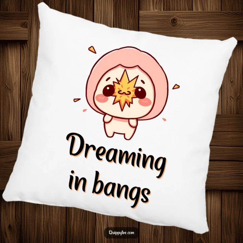 Funny kawaii character with a speech bubble showing a small, harmless explosion, perfect for a cozy pillow that adds humor.
