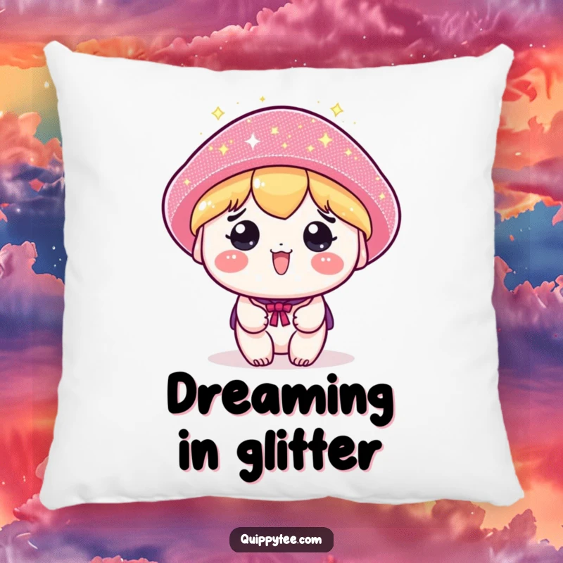 Funny pillow with a kawaii character adorned in a humorously large, sparkling hat, offering plush comfort and festive cheer.