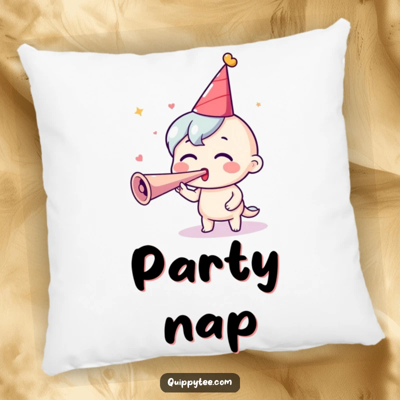 Funny Party Pillow: An excited character blows a party horn, offering comforting support and festive cheer.