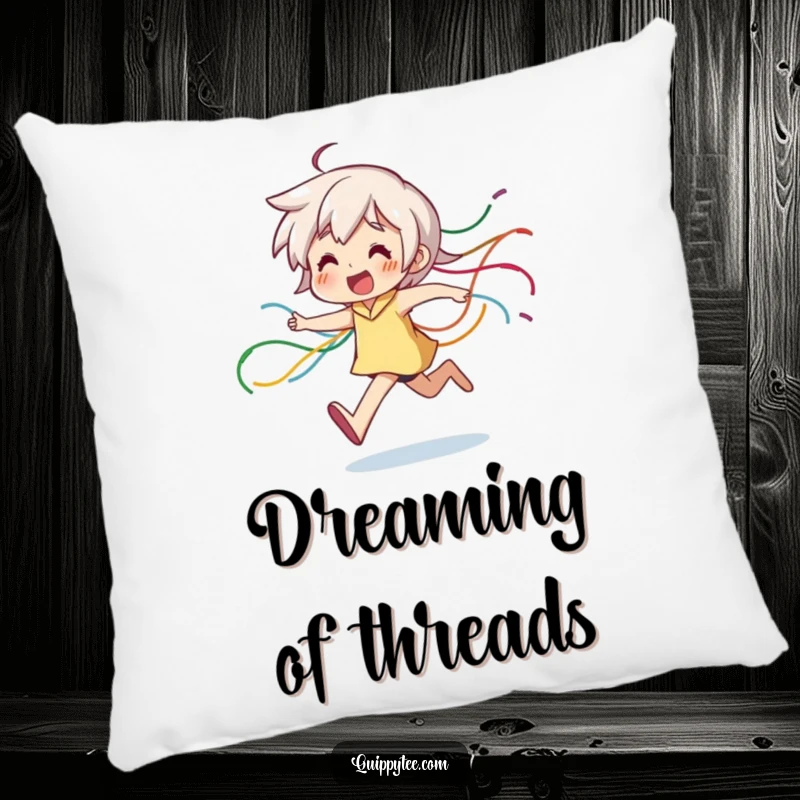 Funny Pillow: A comfortable cushion depicting a character happily running, trailed by colorful, dangling threads, adding a playful vibe.