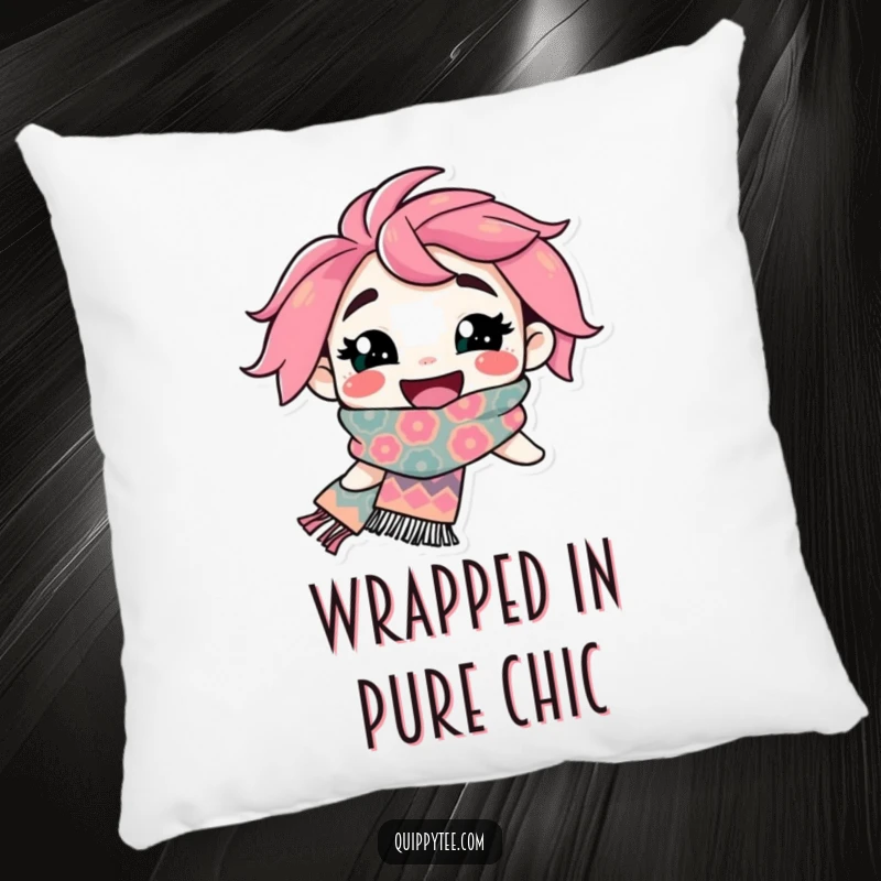 Funny Pillow: A cheerful character with an infectious smile proudly drapes a wonderfully flamboyant, patterned scarf, adding comfort and color.