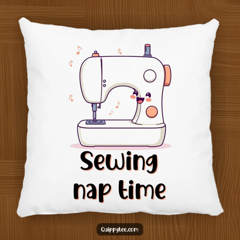 Funny pillow featuring a stylized sewing machine humming a happy tune, providing comfort and a touch of musical merriment.