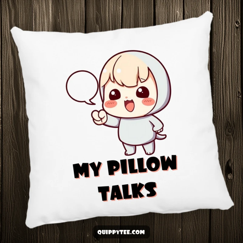 Funny pillow with a kawaii character pointing assertively at a speech bubble, offering comfort and encouraging expression.