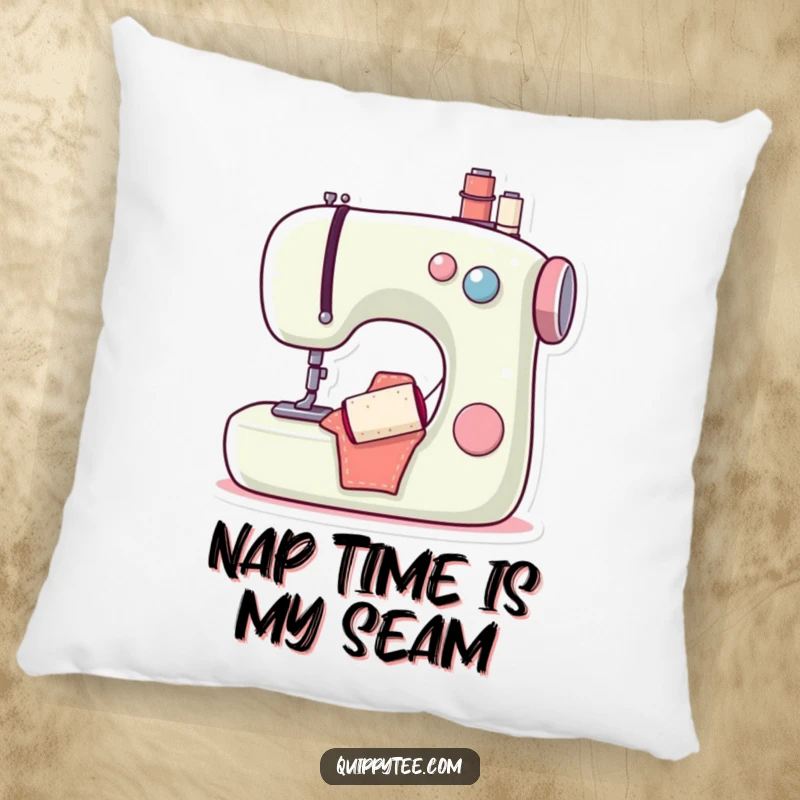 Funny pillow featuring a happy sewing machine character with a cheerful bobbin, providing comfort and a humorous accent for home decor.