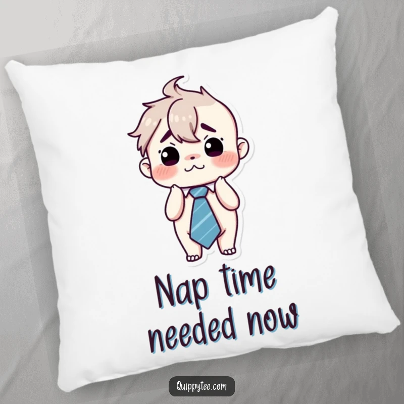 Funny kawaii character looking flustered and wearing an oversized tie, perfect for a cozy pillow that provides humorous comfort.