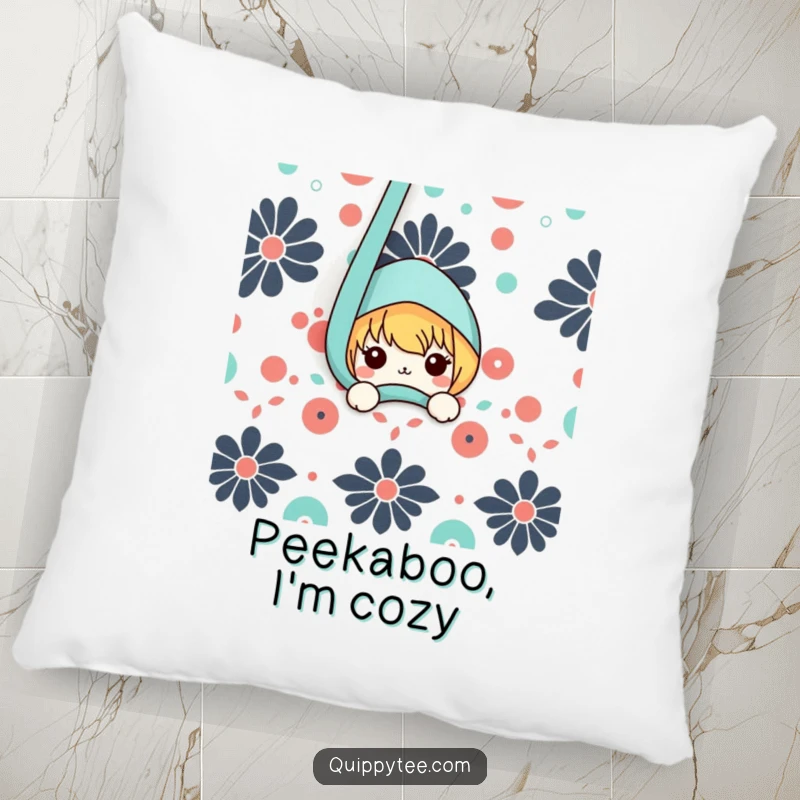 Funny pillow showcasing a charming kawaii character peeking playfully from behind a colorful, textured fabric, adding a whimsical touch.