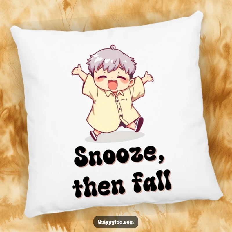 Funny throw pillow with a cute kawaii character comically tripping while wearing a giant shirt, offering comfort and a dose of relatable humor.