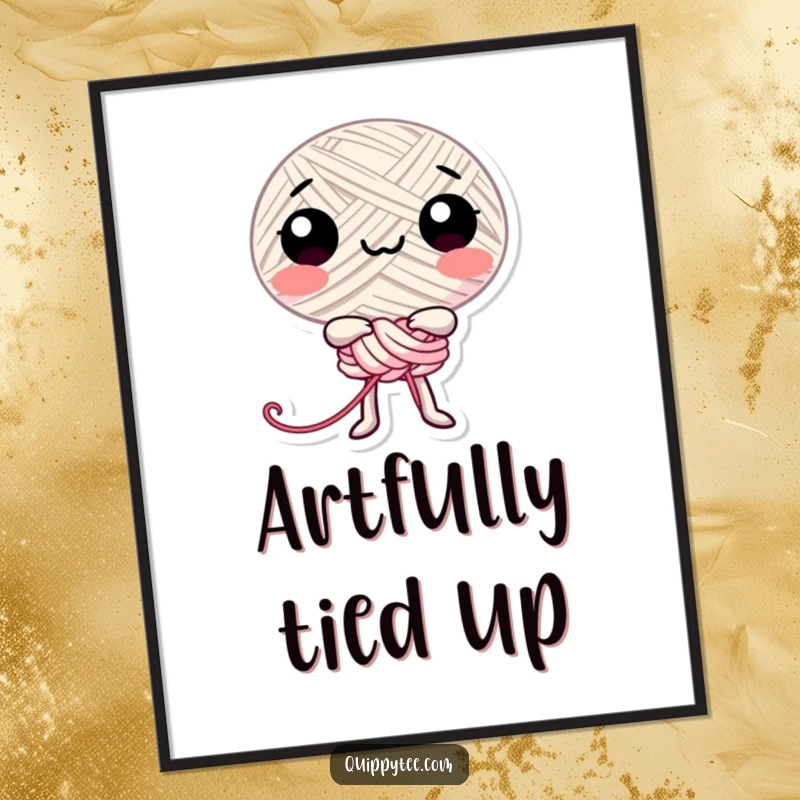 Funny happy thread character playfully tying itself into a knot, perfect for instant, humorous digital art prints.