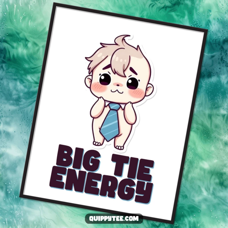 Funny kawaii character looking overwhelmed and flustered, wearing a large tie, perfect for printable wall art with relatable humor.