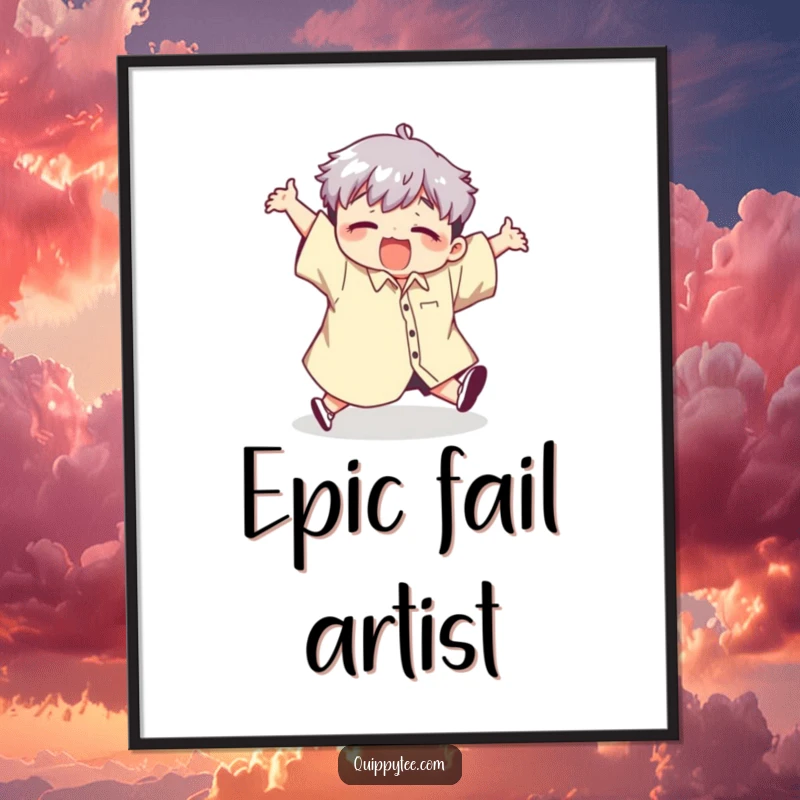 Funny digital art print of a cute kawaii character comically tripping while wearing a giant shirt, perfect for instant download and display.