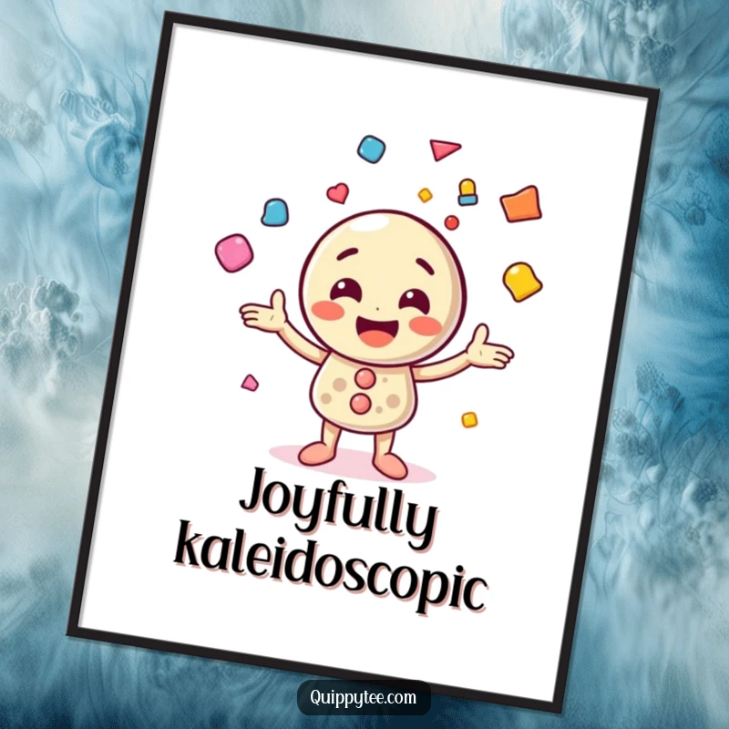 Funny digital art of a cheerful button character juggling colorful shapes, offering a dynamic and vibrant piece of instant decor.