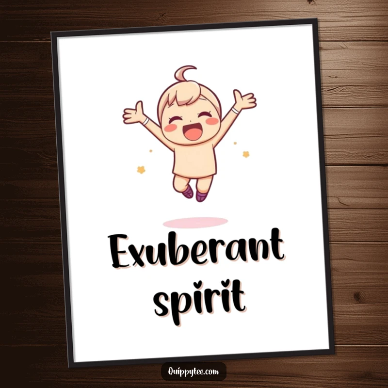 Funny digital art print of a kawaii character leaping joyfully with arms spread wide, embodying pure elation and unbridled happiness.