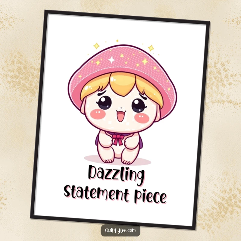 Funny digital art print of a kawaii character sporting a humorously large, glittering hat, radiating pure, cheerful extravagance.