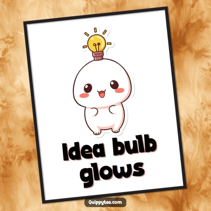 Funny digital art print of a cute kawaii character with a glowing lightbulb, symbolizing great ideas and inspiration.