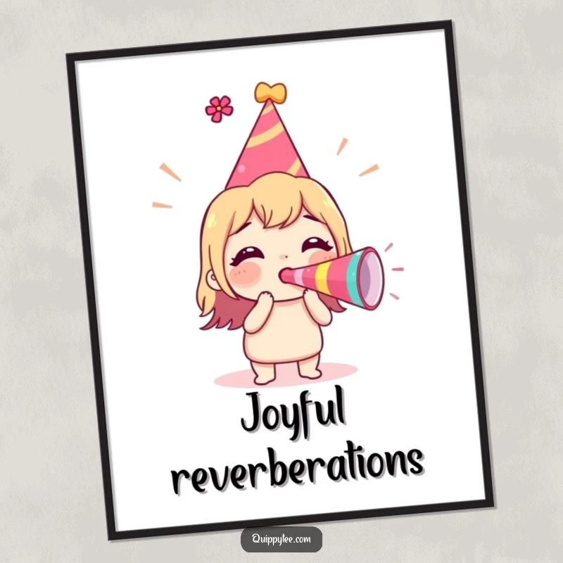 Funny Digital Art Print of an excited character in a party hat, blowing a party horn with infectious enthusiasm and joy.