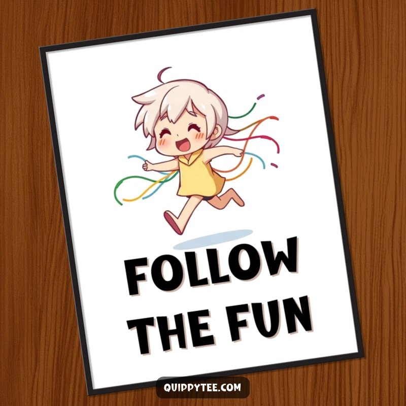 Funny Digital Art Print: A character happily runs, creating a vibrant trail of colorful, dangling threads in this energetic artwork.