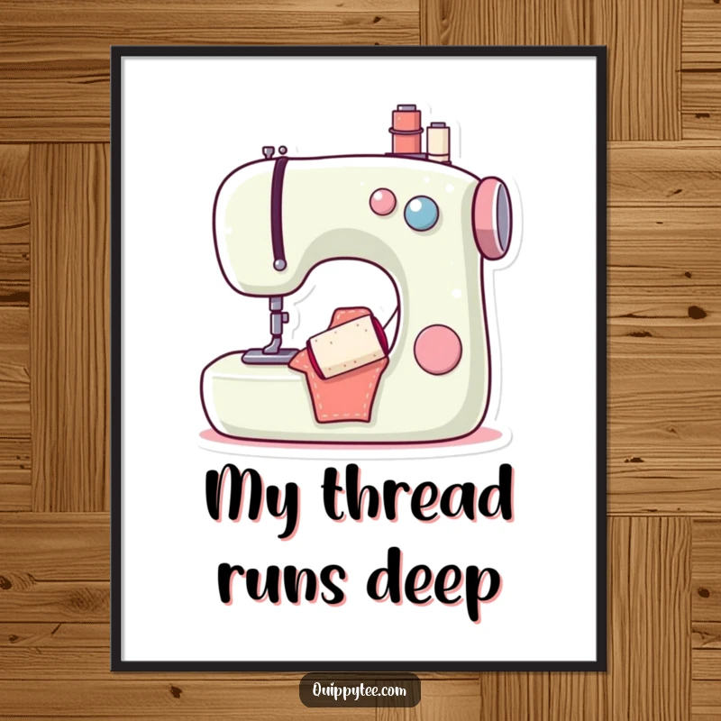 Funny digital art print of a content sewing machine with a cheerful bobbin, adding instant humorous decor to any craft-themed room.