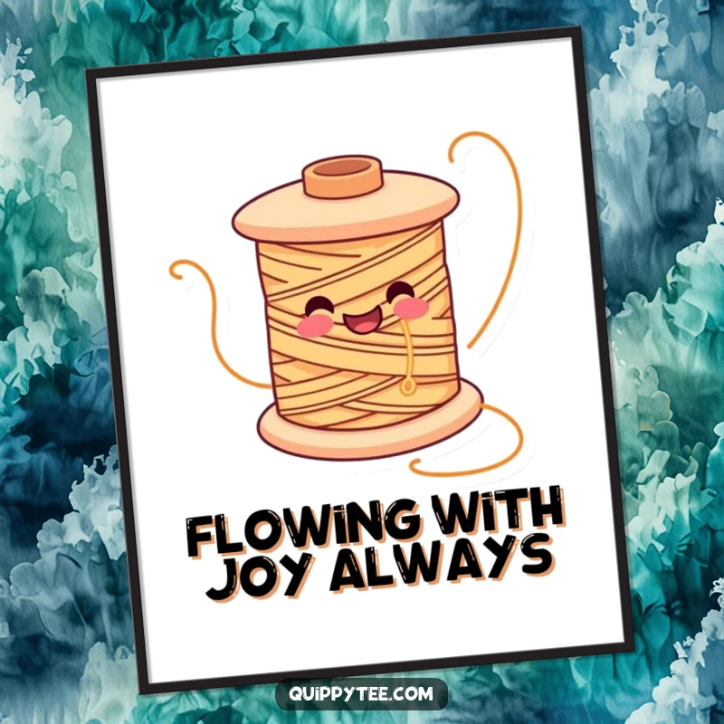 Funny digital art print of a smiling spool of thread character unwinding, perfect for cheerful crafting decor.