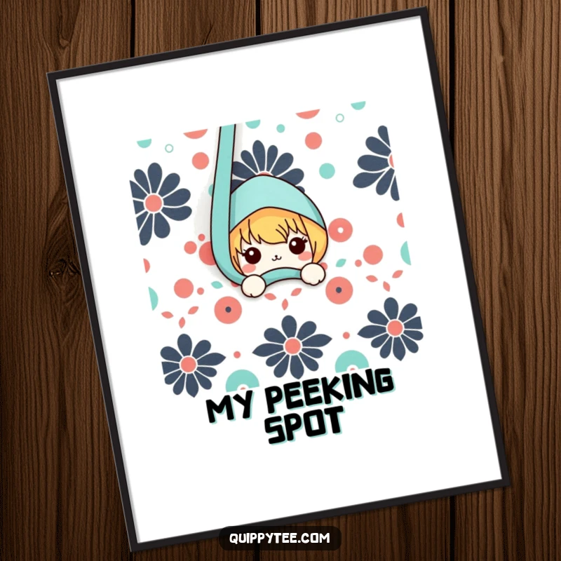 Funny digital art print of a kawaii character peeking from behind patterned fabric, offering a whimsical and charming visual.