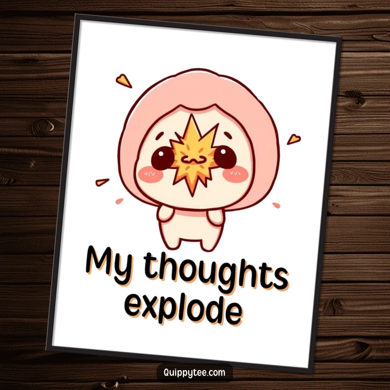 Funny kawaii character with a speech bubble featuring a small, cartoonish explosion, perfect for printable wall art with energetic humor.