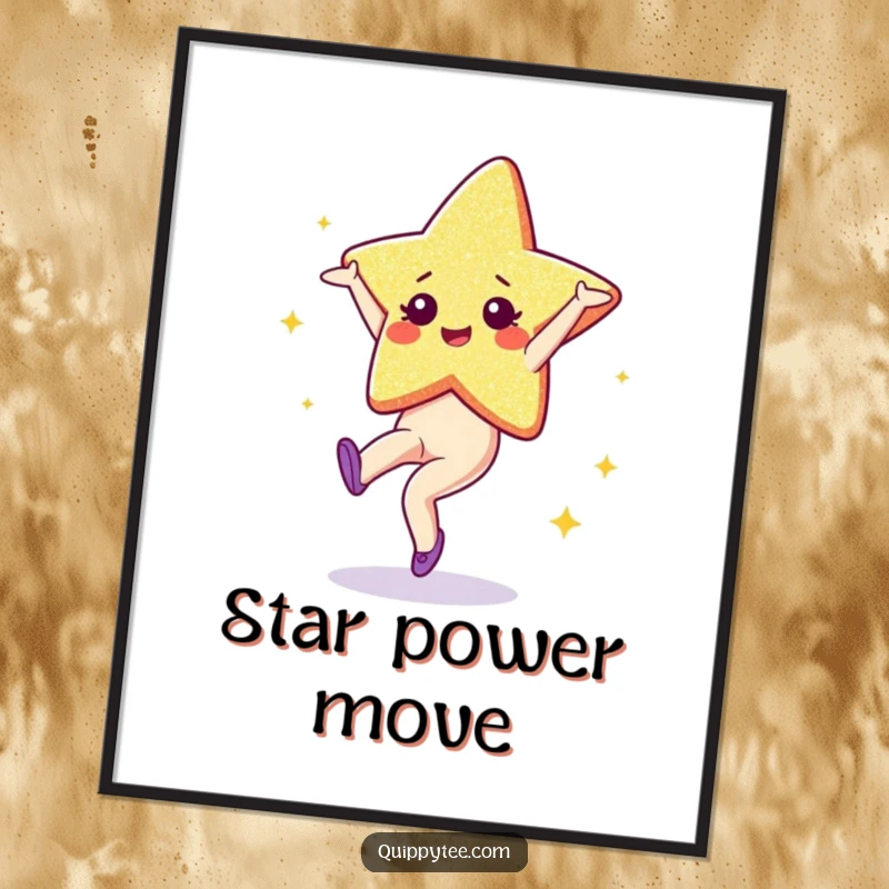 Funny Digital Art Print: A sparkling glitter star character mid-cartwheel, perfect for adding dazzling energy and sparkle to walls.