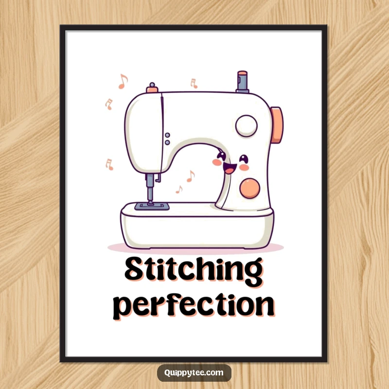 Funny digital art print of a stylized sewing machine humming a happy tune, adding a musical and whimsical touch to digital spaces.