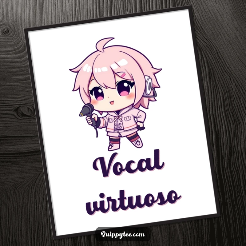 Funny digital art print of a kawaii character striking a confident pose with a microphone, capturing the energy of a captivating performance.