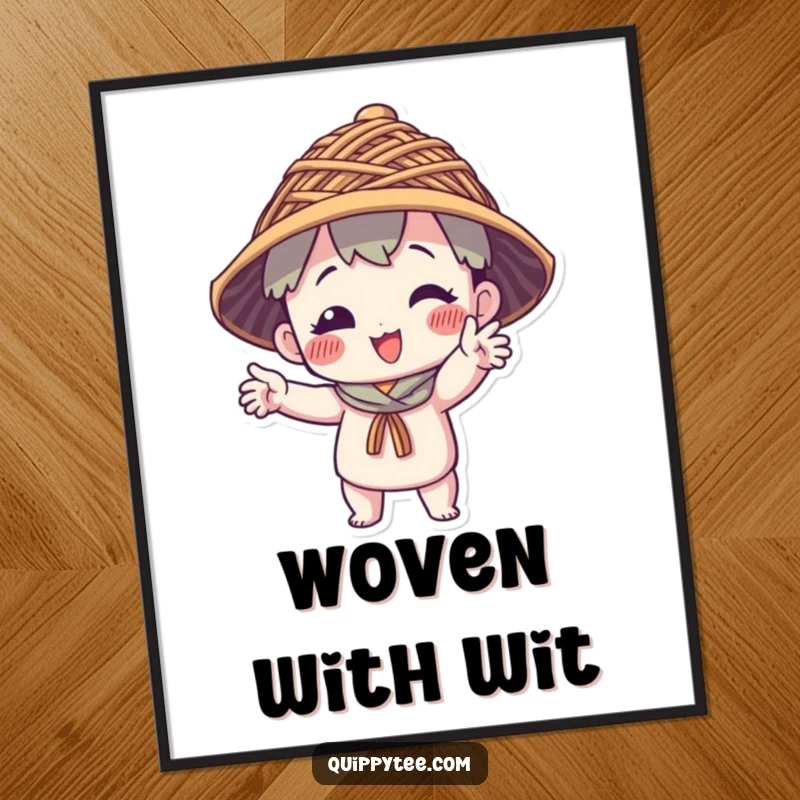 Funny Digital Art Print: A character in a hilarious pose wears an artistic hat woven from colorful threads, ready to adorn walls.