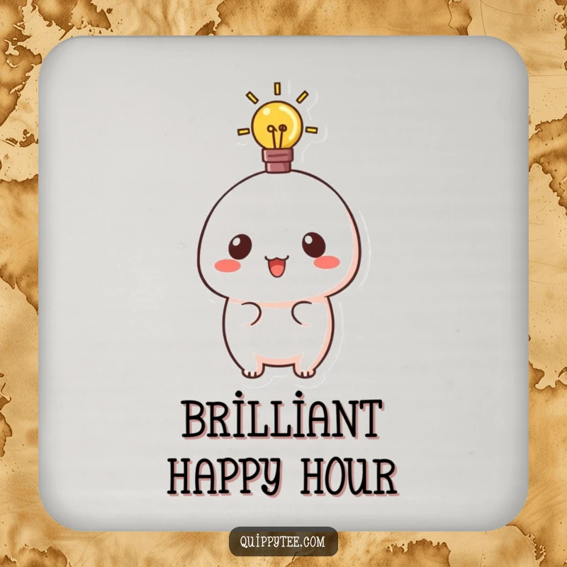 Funny drink coaster with a cute kawaii character and a lightbulb, symbolizing bright ideas and smart protection.