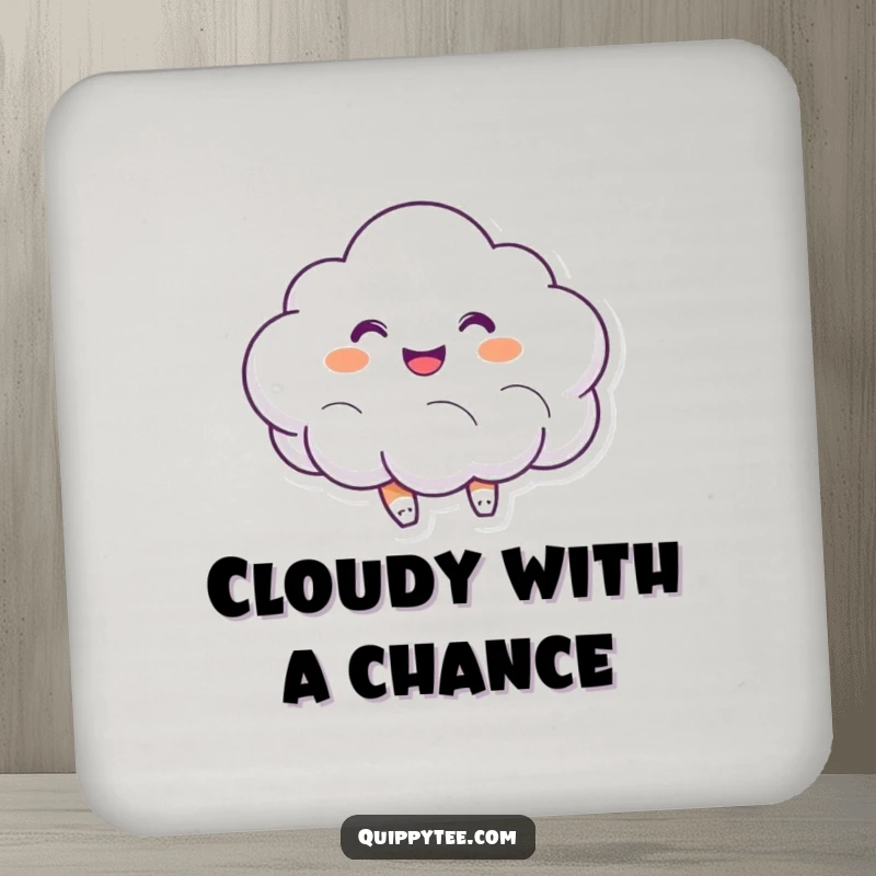 Funny drink coaster featuring a smiling cloud character bouncing with joy, perfect for adding a cheerful touch.